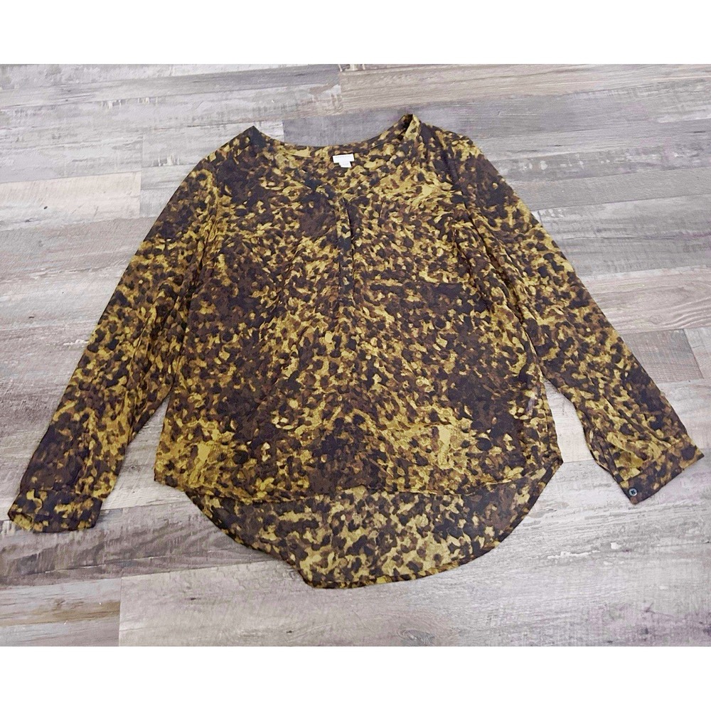 Merona Sheer Brown Black Animal Print Chiffon Tie Neck Long Sleeve Blouse M